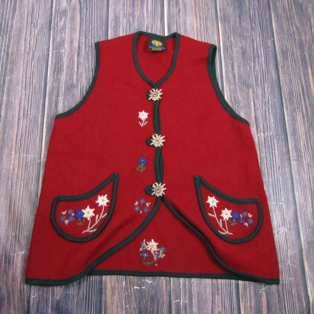 Lanamoden Womens Size XL Red Wool Knit Floral Sweater Vest Embroidered Pockets